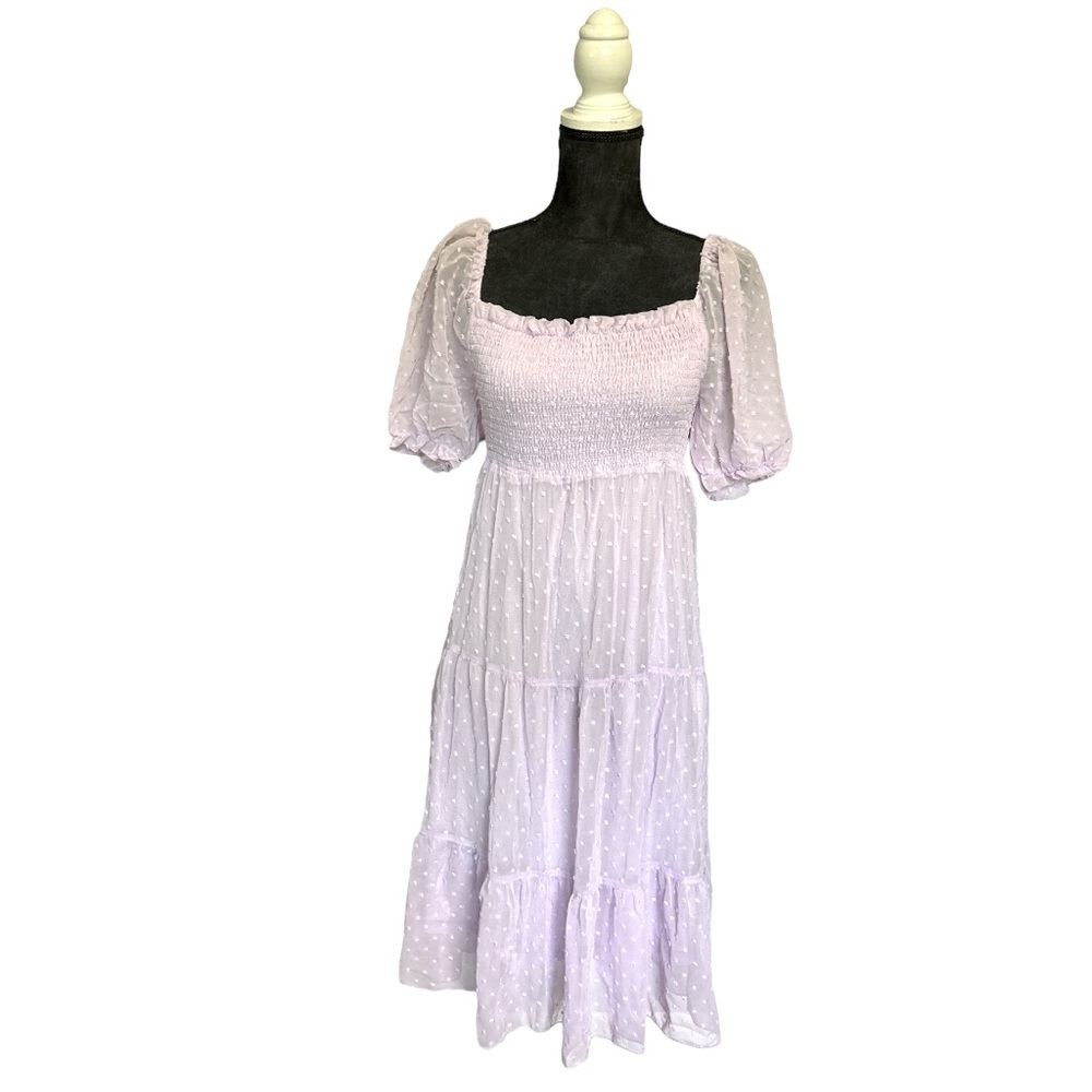 SHEIN Lavender Swiss Dot Smocked Puff Sleeve Tiered Midi Dress Womens Size M
